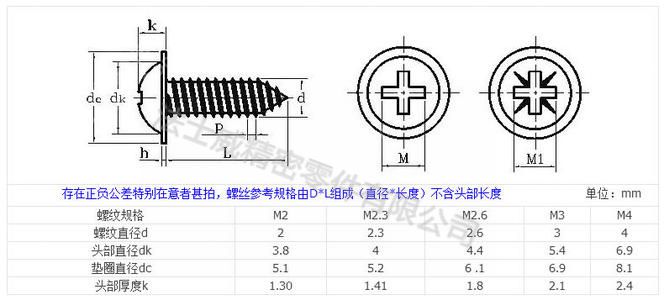 
碳钢十字槽盘头圆头带介自攻螺钉-规格