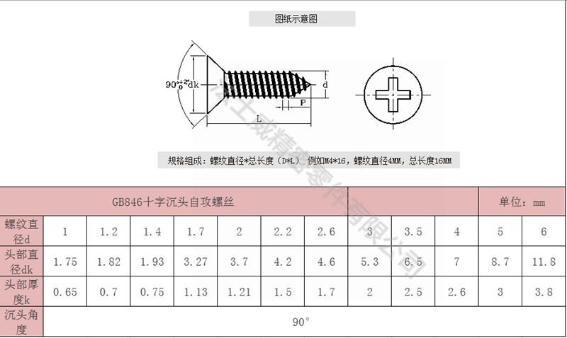 
GB846碳钢十字槽沉头自攻螺丝平头自攻螺钉6_规格