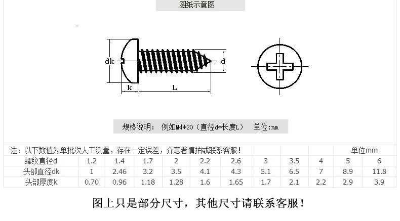 十字盘头自攻螺丝规格图